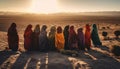 Men and women walking in traditional clothing, praying at sunset generated by AI Royalty Free Stock Photo