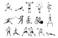 Men and women working out, cycling, professional figure skating, fencing, boxing, tennis game, sport activities set