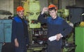 Men work on the old factory for the installation of equipment Royalty Free Stock Photo