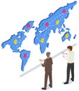 Men work with world map for worldwide delivery, discuss and make notes. International postal service