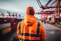 Men worker at shipping containers, Warehousing and logistic shipping cargo concept. Generative AI Royalty Free Stock Photo