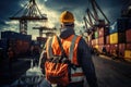 Men worker at shipping containers, Warehousing and logistic shipping cargo concept. Generative AI Royalty Free Stock Photo