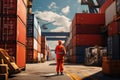 Men worker at shipping containers, Warehousing and logistic shipping cargo concept. Generative AI Royalty Free Stock Photo