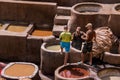 Chouara Tannery in Morocco, with round stone vessels for dyeing and softening leather in Fez el Bali Royalty Free Stock Photo