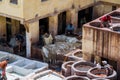 Chouara Tannery in Morocco, with round stone vessels for dyeing and softening leather in Fez el Bali Royalty Free Stock Photo