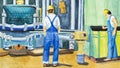 Hand painted watercolor like 50 years ago shows men in industry.
