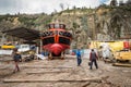 Men are working for launching ship