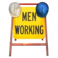 Men Working road construcion sign with hanging work helmets isolated on white Royalty Free Stock Photo