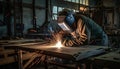 Men in workshop welding steel with protective workwear and equipment generated by AI Royalty Free Stock Photo