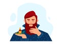 Men's beauty, daily procedures, man takes care his beard hair, natural jojoba oil, cartoon vector illustration, isolated