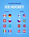 Men's Ice Hockey table. Vector illustration. Participating countries flag icons. Championship 2022. Hockey group