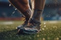 men& x27;s legs in sneakers on the football field. Generated by AI