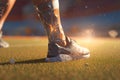 men& x27;s legs in sneakers on the football field. Generated by AI