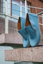 men's shoes moccasins blue color. photo on the street