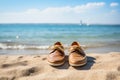 Men's shoes on the sand on the beach near the blue sea. Summer vacation concept by the sea. Generative AI Royalty Free Stock Photo