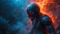 A menacing cyborg figure stands amidst swirling dark clouds. The robotic entity h