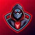 A menacing dark knight mascot with red eyes and a hood, designed for sports and esports logos, hacker mascot for sports and Royalty Free Stock Photo