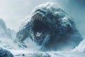 Menacing Ice Monster Emerging from Snowy Mountain Landscape in Epic Fantasy Scene