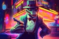 Menacing - looking crocodile, wearing a zoot suit and fedora, holding a Tommy gun and standing in front of a neon - lit nightclub Royalty Free Stock Photo