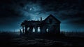 Menacing Shadow of a Haunted House with Boarded-up Windows and Peeling Paint against the Night Sky AI Generated