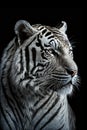 Menacing stare of a white bengal tiger. Black and white closeup portrait. The most dangerous beast shows his calm greatness.