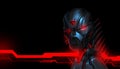 Menacing steel robot head with red lights on background