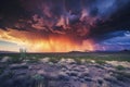 A menacing storm looms above as dark clouds cover the sky over a vast open field, promising impending rainfall, Intense Royalty Free Stock Photo