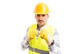 Menacing worker showing fists in aggressive mode Royalty Free Stock Photo