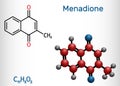 Menadione, menaphthone, provitamin molecule. It is called vitamin K3. Structural chemical formula and molecule model
