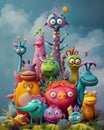 A menagerie of colorful, whimsical cartoon animals as conceptual characters, exploring vast imaginations