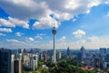 Menara Kuala Lumpur Tower with clouds sky. Aerial view of Kuala Lumpur Downtown, Malaysia. Financial district and business centers Royalty Free Stock Photo