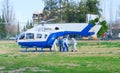 2020-09-06, Mendoza, Argentina - Paramedics carry an injured man on a stretcher after being flown in by helicopter from the scene