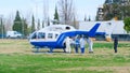 2020-09-06, Mendoza, Argentina - Paramedics carry an injured man on a stretcher after being flown in by helicopter from the scene