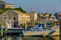 Small boats moored at the harbour of Menemsha. Royalty Free Stock Photo