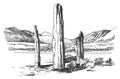 Menhirs, vertical stones of unknown origin, vector illustration. Graphic drawing. Megaliths. Stone Age