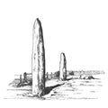 Menhirs, vertical stones of unknown origin, vector illustration. Graphic sketch drawing. Megaliths. Stone Age