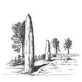Menhirs, vertical stones of unknown origin, vector illustration. Graphic sketch drawing. Megaliths. Stone Age - vector