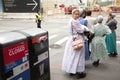 Mennonite girls on pavement in new york city near ground zero