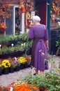 A Mennonite woman shops for autumn flowers
