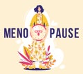 Menopause concept. Woman holds clock with female genital organs silhouette. Sign menopause.