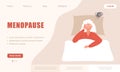 Menopause landing page template. Tired elderly woman suffer from headache. Sleepless female character lying in bed