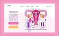 Menopause web or landing. Ovum character charting hormonal shifts.