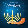 Menorah with burning candles and shofar horn on blue lights back