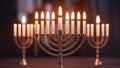 A menorah with five candles lit on a table, AI Royalty Free Stock Photo