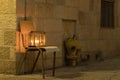 Menorah in a glass box, lit in the Jewish Quarter in the Old City of Jerusalem,