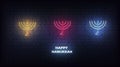 Menorah neon sign set. Glowing decorations for Jewish holiday Hanukkah