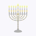 Brightly glowing Hanukkah menorah. Candle holder on isolated background, Vector illustration.