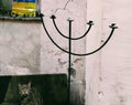 Menorah and picture with cat near the antique shop in Kazimierz, jewish district of Krakow. Royalty Free Stock Photo