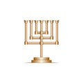 The menorah realistic 3d vector object a seven-branched candelabrum isolated on white background. Golden candle holder modern