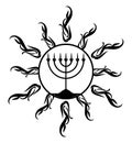 Menorah in stylized sun, tattoo, black and white, isolated.